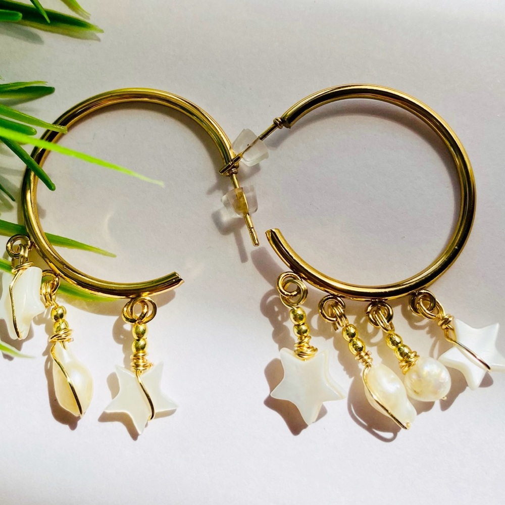 Gold Hoop Earrings with White Shell Star & Pearls Charms